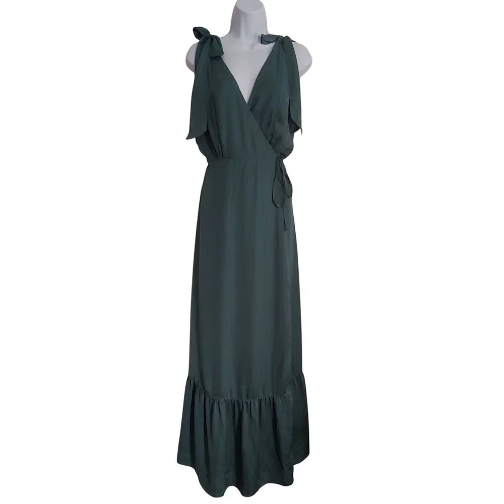 Abercrombie & Fitch Grecian Wrap Forrest Green Flowy Silky Maxi Dress Mt